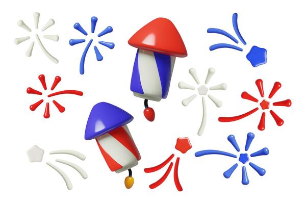 3d fireworks and firecrackers collection blue red and white holiday elements collection