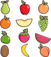 Fresh fruits set. Apricot, watermelon, orange, fig, pear and melon. Strawberry, grapes, banana, apple, kiwi and peach. Colorful cartoon fruit collection. vector