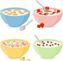 Set of bowls of breakfast cereal in different flavors. Cereal breakfast bowl set, cornflakes with milk. Corn flakes and porridge oatmeal. vector