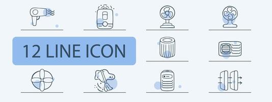 Set of ventilation icons. Airflow, fan, ventilation system, air conditioning. Technology concept. Ui phone app screen. 12 line icon vector