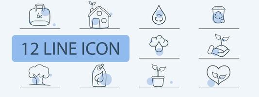 Set of icons representing eco-friendly materials. Sustainable, environmentally friendly, green. Natural concept. Pastel color background. 12 line icon vector