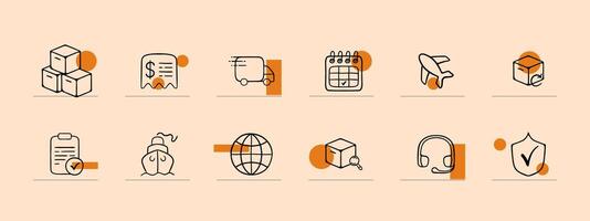 conjunto de internacional entrega iconos parcela, globo, transporte, logística. Envío concepto. línea icono para negocio vector