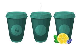 A set of icons featuring green paper cups with different designs and patterns, perfect for tea shops and cafes. illustration vector