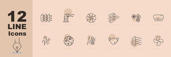 Hot Weather Cooling Icon Set. Refreshing solutions for scorching days. Cold concept. Pastel color background. line icon for Business vector