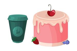 A set of a green paper cup for tea and a small cake with a cherry on top. illustration vector