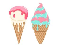 A image of two ice cream cones with colorful chocolate glaze. illustration vector