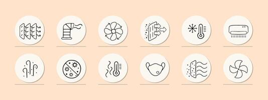 Hot Weather Cooling Icon Set. Refreshing solutions for scorching days. Cold concept. Pastel color background. line icon for Business vector