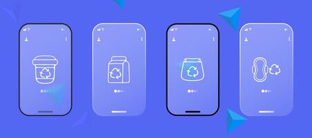 Set of recycling icons. Environmental icons, waste management symbols, recycling bins. Eco-friendly concepts. Glassmorphism. UI phone app screen. line icon for Business vector