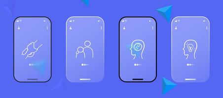 Set of icons representing personal development. Growth, self-improvement, learning. Knowledge concept. Glassmorphism. UI phone app screen. line icon for Business vector