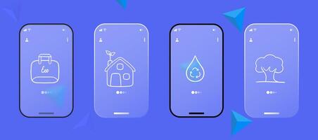 Set of icons representing eco-friendly materials. Sustainable, environmentally friendly, green. Natural concept. Glassmorphism. UI phone app screen. line icon for Business vector