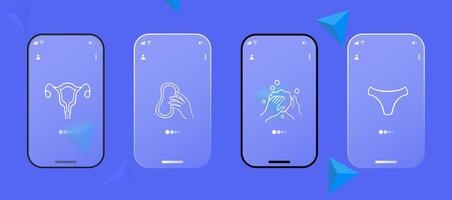 Menstruation icon set. Period products, menstrual cycle, cramps, pads, tampons, menstrual cup. Pain relief concept. Glassmorphism. UI phone app screen. line icon for Business vector