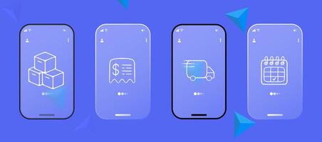 Set of international delivery icons. Parcel, package, globe, transportation, shipping. Logistics conept. Glassmorphism. UI phone app screen. line icon for Business vector