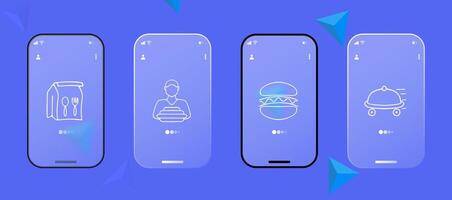 Food delivery icon set. Delivery bag, restaurant, fast food, mobile app, online ordering, tracking. Courier concept. Glassmorphism. UI phone app screen. line icon for Business vector