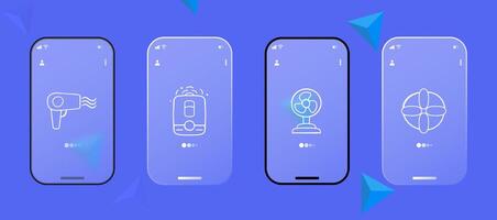 Cooling in hot weather icon set. Refreshing breeze, ice cubes, fans, sunglasses. Cold beverages concept. Glassmorphism. UI phone app screen. line icon for Business vector