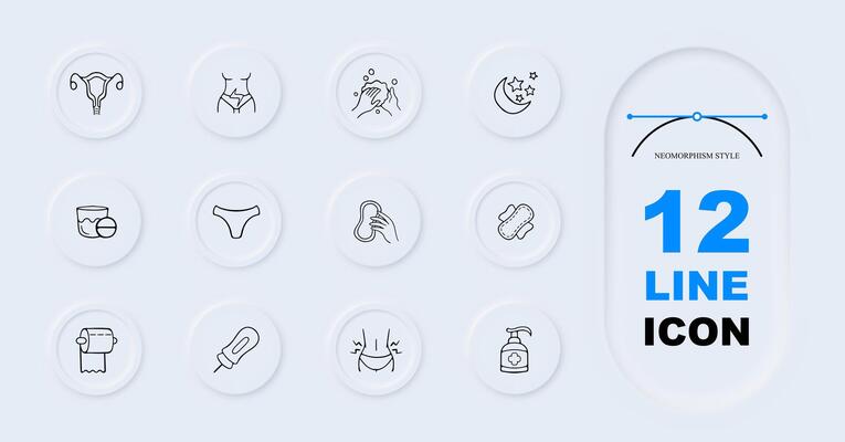 Menstruation icon set. Period products, menstrual cycle, feminine hygiene, pads, tampons. Menstrual concept.
