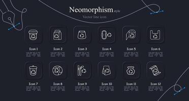 Eco-friendly materials icon set. Illustrations representing sustainable and environmentally friendly materials such as recycled paper. Neomorphism style. line icon for Business vector