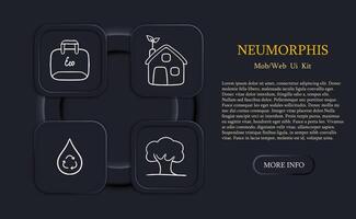 Set of icons representing eco-friendly materials. Sustainable, environmentally friendly, green, natural. Recyclable concept. Neomorphism style. line icon for Business vector