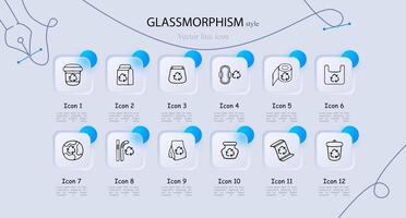 Recycling and waste management concept. Eco-friendly, sustainable, recycling bins, sorting, environment. Recycle concept. Glassmorphism style. line icon for Business vector