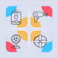 Cooling in hot weather icon set. Refreshing breeze, ice cubes, fans, sunglasses. Cold beverages concept. Neomorphism style. line icon for Business vector
