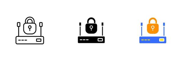 Lock and router. Secure internet network, wifi, lan, privacy, data security, communication, signal, antennas. set icon in line, black and colorful styles isolated on white background vector