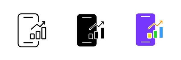 Phone with bar graph. Arrow up, growth, robot online, exchange, currency, money, statistics, data analysis. set icon in line, black and colorful styles isolated on white background vector