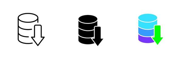 Database with down arrow. Download, data storage, order the information, table, spreadsheet. set icon in line, black and colorful styles isolated on white background vector