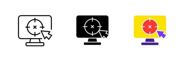Computer with target and cursor. Busines targeting, aim, strategy, planning, presentation, audience. set icon in line, black and colorful styles isolated on white background vector