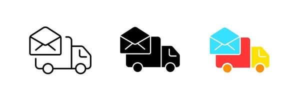 Delivery truck with a letter. Envelope, post card, mail, parcel, message, deliver, communication, fast, worldwide. set icon in line, black and colorful styles isolated on white background vector