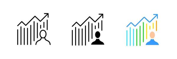 Man with a bar chart. Graph, growth, up arrow, analysis, analytics, statistics, statistical data, financial report. set icon in line, black and colorful styles isolated on white background vector