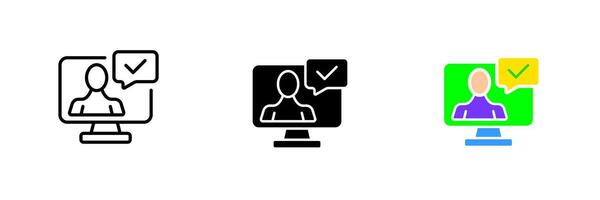 Man in computer with a checkmark. Approval, approve, accept, communication, consultation, call centre, operator. set icon in line, black and colorful styles isolated on white background vector