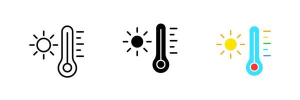 Thermometer and sun. Summer, heat, warming, Celsius, Kelvin, Fahrenheit. set icon in line, black and colorful styles isolated on white background vector