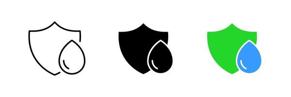Waterdrop with a shield. Pure water, water quality protection, waterproof, rain, moisture proof. set icon in line, black and colorful styles isolated on white background vector