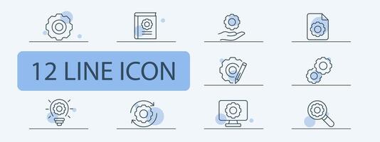 Settings icon set. Program, problems, function, brightness setting, device, smartphone, computer. Settings concept. Pastel color background. 12 line icon for business vector