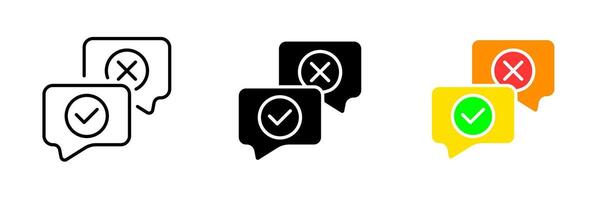 Speech bubbles with cross and tick. Approval, rejection, accept, cancel, communication, consultation, agree, deny. set icon in line, black and colorful styles isolated on white background vector