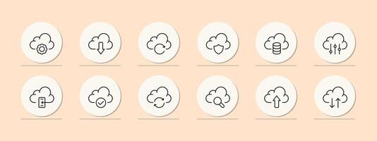 Cloud saving icon set. Online payment, uploading and downloading data, clouds, online databases in the phone. Network concept. Pastel color background. line icon for Business vector