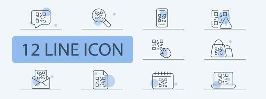 QR code icon set. Access, online payment, phone, laptop. login, bank, key, camera, phone, ID. QR code concept. Pastel color background. 12 line icon for business vector