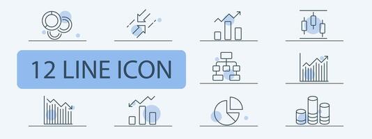 Diagram icon set. Graph, diagram, statistics, function, table, pie chart, infographic. Finance concept. Pastel color background. 12 line icon for business vector