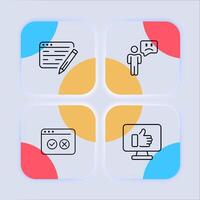 Feedback icon set. Opinion, response, book, comment, summary, complaint, good, bad, reaction, positive, negative, suggestion. Feedback concept. Neomorphism style. line icon for business vector