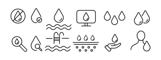 Water drop icon set. Sea, liquid, river, skin hydration, thirst, drink, ocean, drop, moisture, rain, pool. H2O concept. line icon on white background vector