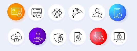 Lock icon set. Banking protection, mail protection, personal data protection, cloud data protection, key, shield, monitor. Security concept. Pastel color background. line icon for business vector
