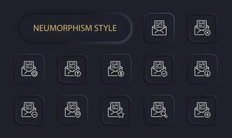 Mail set icon. Delete, add, setup, plis. send, search, cross, tick, minus, location, pointer, like, protection, privacy. Neomorphism style. line icon for Business vector