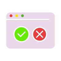 Website with check mark and cross line icon. Feedback, choice, voting, web design, internet, world wide web. colored icon on a white background for business vector