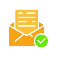 Letter in an envelope with a tick. Message, email, business communication, delivered, approved, read, text, document, paper, electronic, agreement, terms of use. Colorful icon on white background vector