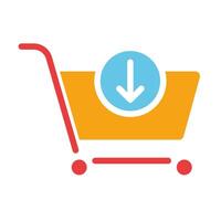 Shopping cart with down arrow. Online purchase, add to cart, order, courier home delivery, online store, shop, buyer, customer, website. Colorful icon on white background vector