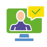 Man with check mark in speech bubble. Approved, computer, agreement, agree, conference, communication, correspondence, business conversation, message, email, text. Colorful icon on white background vector