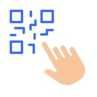 Hand with QR code. Press, tap, click the link, cursor, follow, encrypted information, scanner, recognize, recognition, read, data presentation format, technology. Colorful icon on white background vector