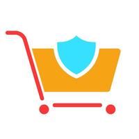 Shopping cart with shield. Safe online shopping, purchase, buy, order, security of payment system, store, shop, personal data protection, privacy, bank card. Colorful icon on white background vector