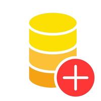 Database with a plus sign. Button, add field, table, organization of information presentation, order, easy access, limited, sql, query, spreadsheet. Colorful icon on white background vector