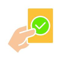 Hand holding card with green check mark. Tick, approved, allow, agree, confirm, agreement, invited expert badge, guest, admitted, approval. Colorful icon on white background vector