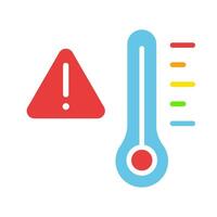 Thermometer with danger warning sign. Celsius, Fahrenheit, Kelvin, extreme heat or cold, fever, flu, acute infection, weather forecast, climate, anomaly. Colorful icon on white background vector